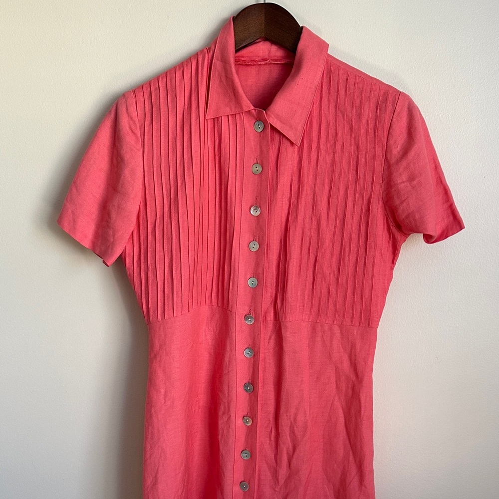 Vintage Coral Pink Top Pleated Linen Maxi Dress with Abalone Buttons